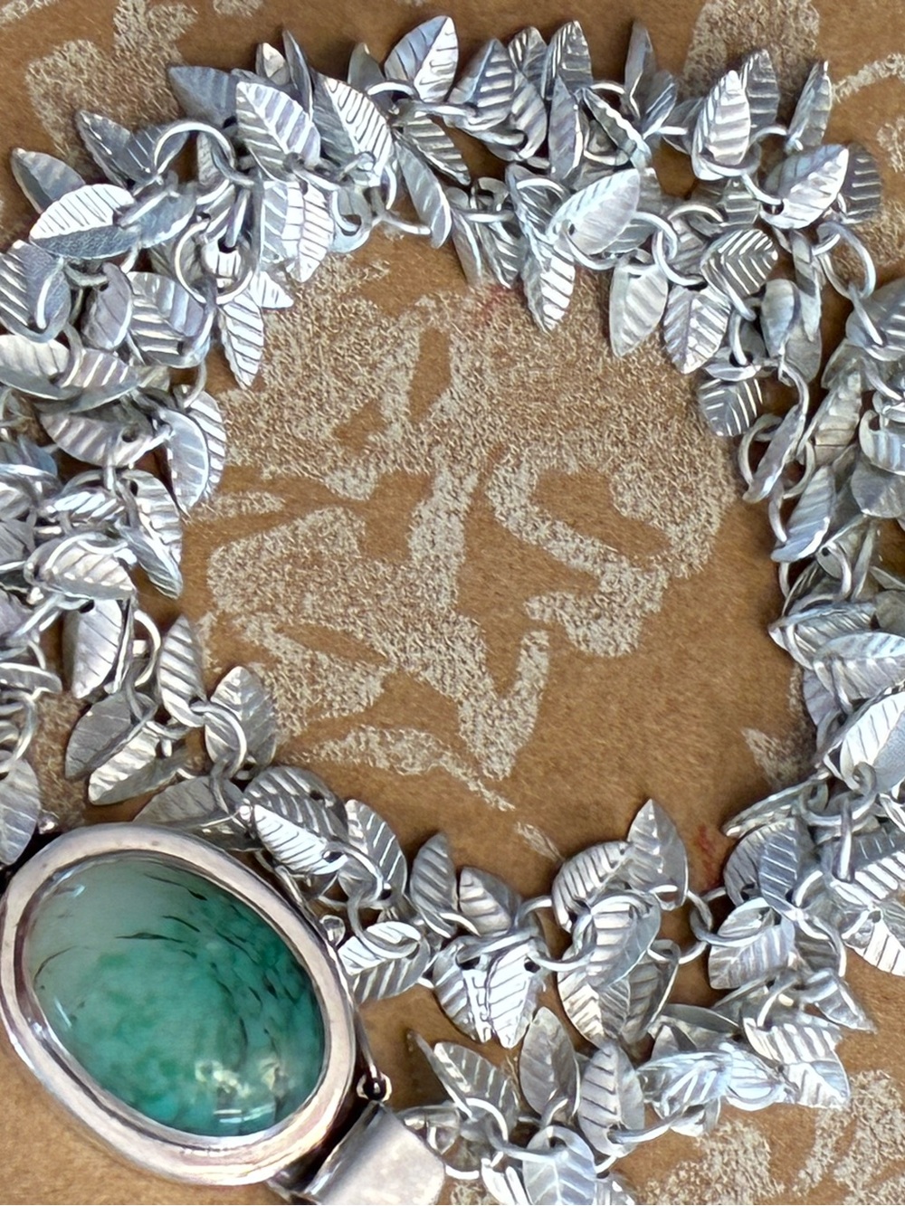 Sterling Silver Leaf Double Bracelet with Green Gemstone Clasp